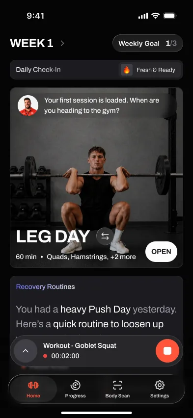 Brace AI active workout: goblet squat set being logged with a running timer