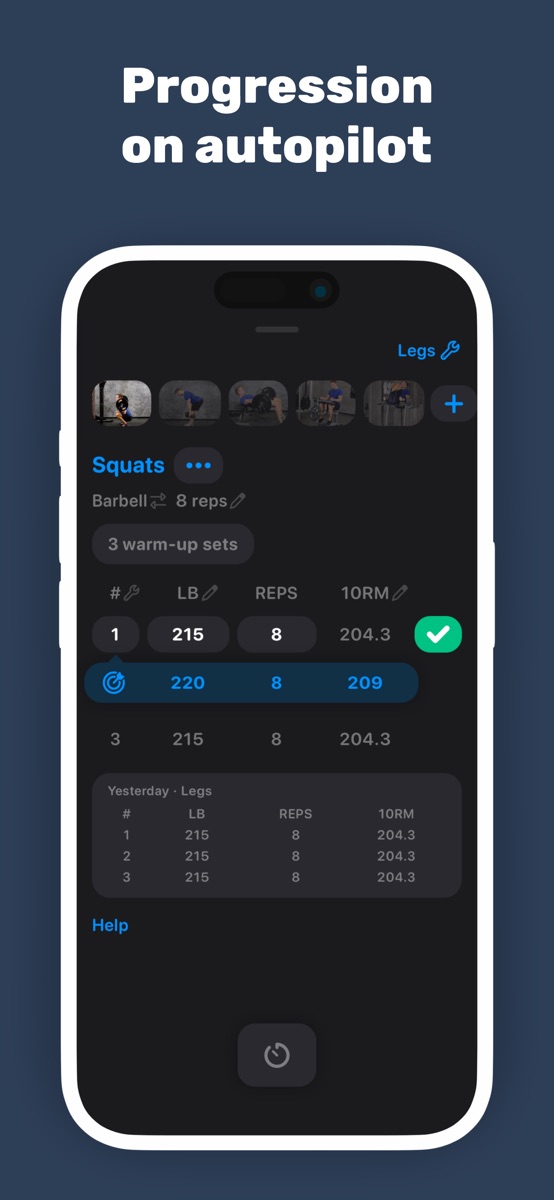 Alpha Progression publisher screenshot showing squat targets and previous-session entries