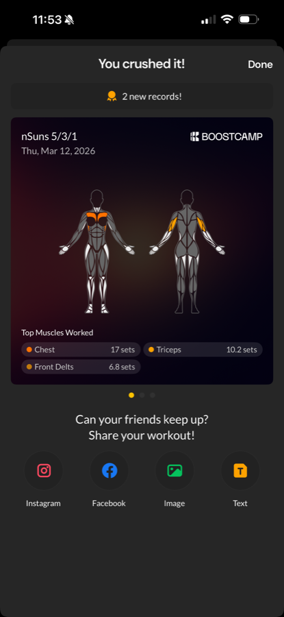 Boostcamp official-site screenshot showing a post-workout summary and sharing options