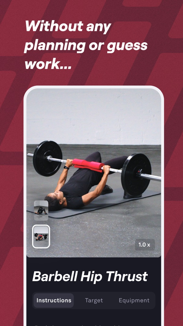 Fitbod publisher screenshot showing an exercise video with instruction tabs