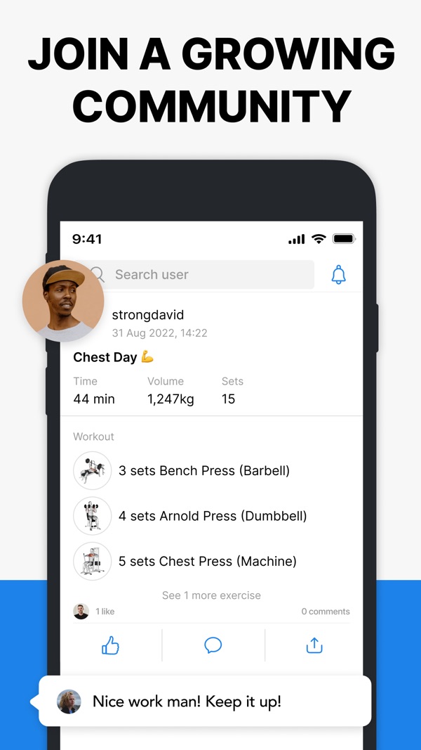 Hevy publisher screenshot showing a shared workout and comment