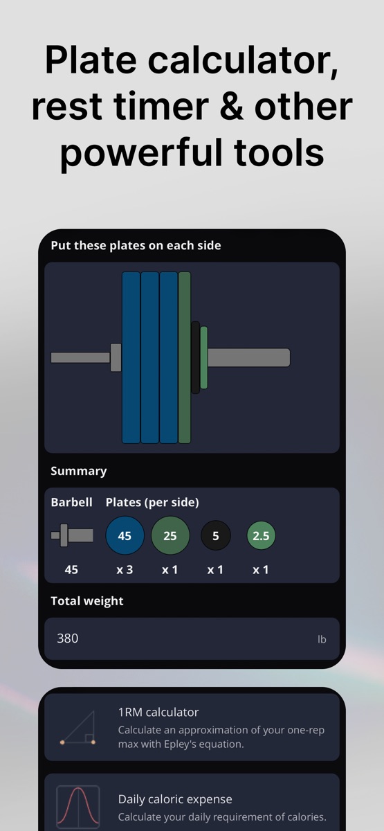 StrengthLog publisher screenshot showing a plate-calculator example