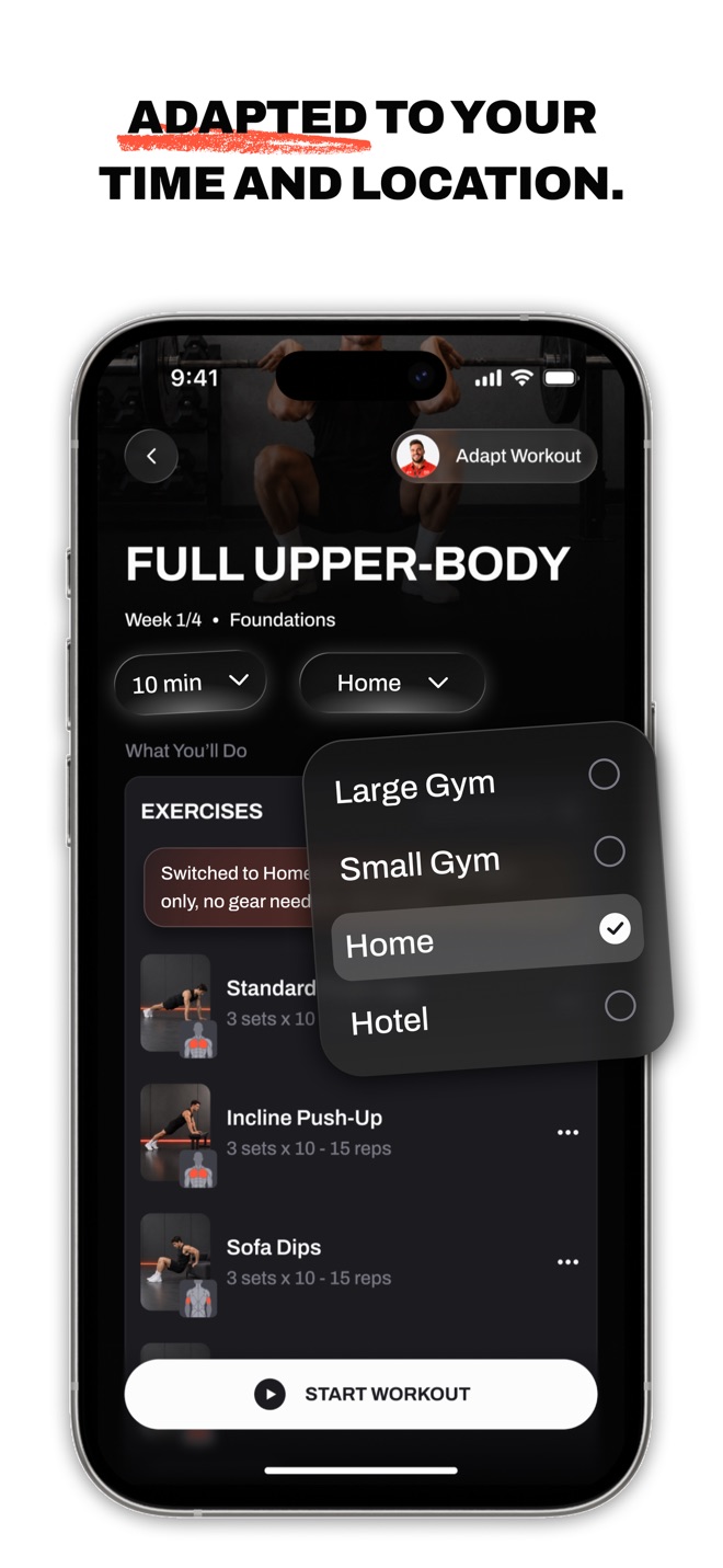 Handler App Store illustration showing a full upper-body workout and time and location controls