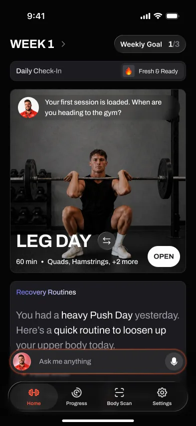 Brace AI home screen: Week 1 with a loaded LEG DAY session — 60 minutes, quads and hamstrings — a daily check-in, and the ask-me-anything coach bar