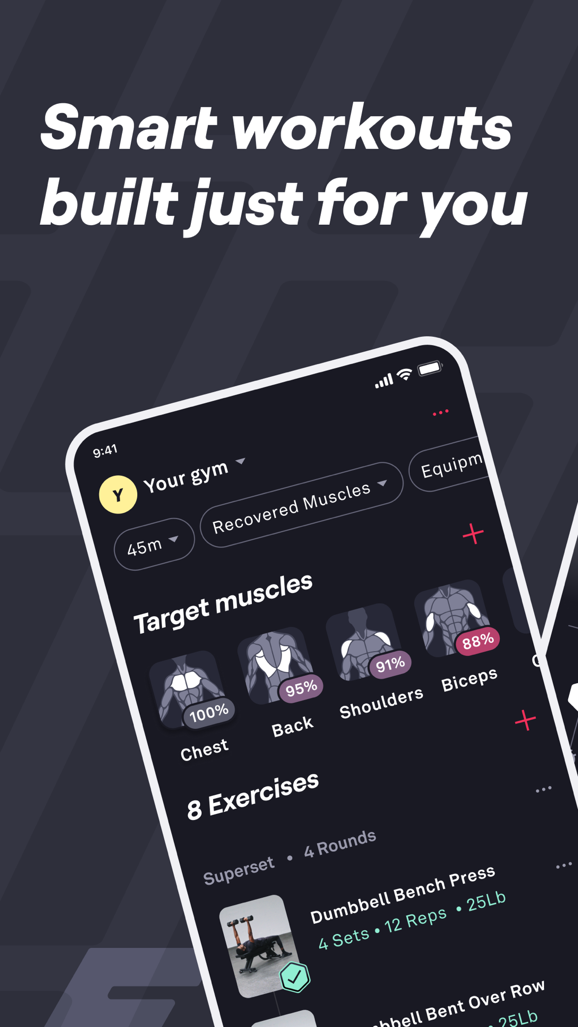 Official Fitbod App Store screenshot showing a generated workout based on target muscles, recovered muscles, and equipment