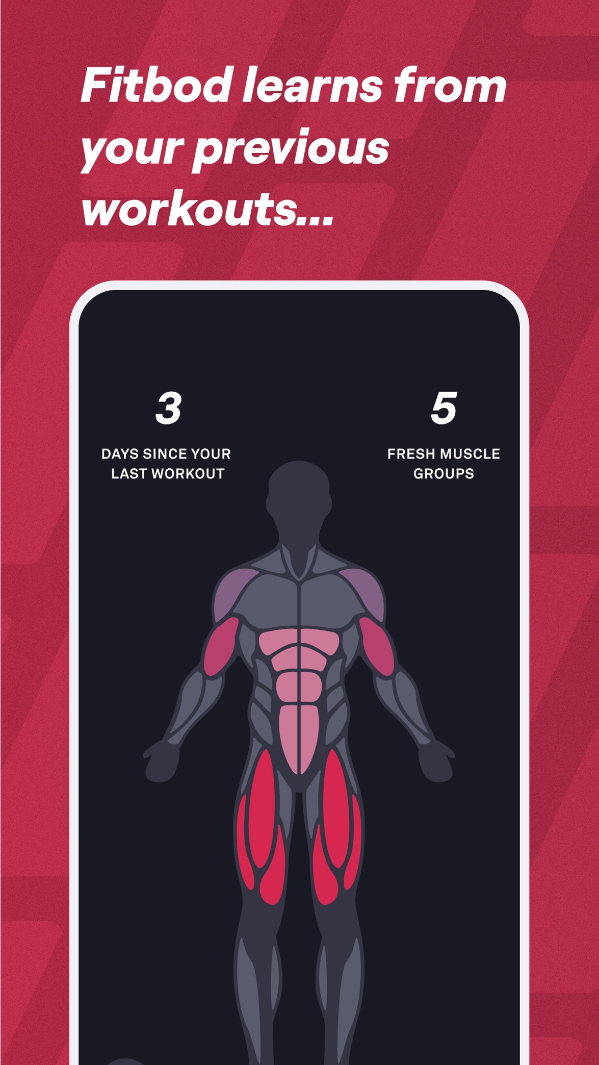 Official App Store screenshot of Fitbod showing muscle recovery and days since last workout