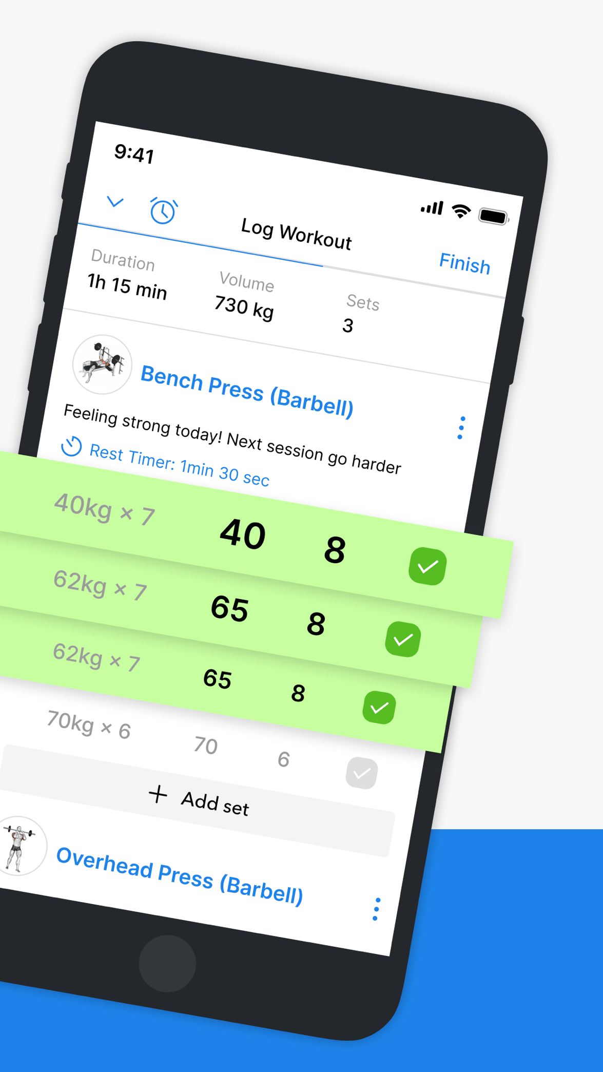 Official App Store screenshot of Hevy's active workout logging screen with sets, reps, load, and rest timer