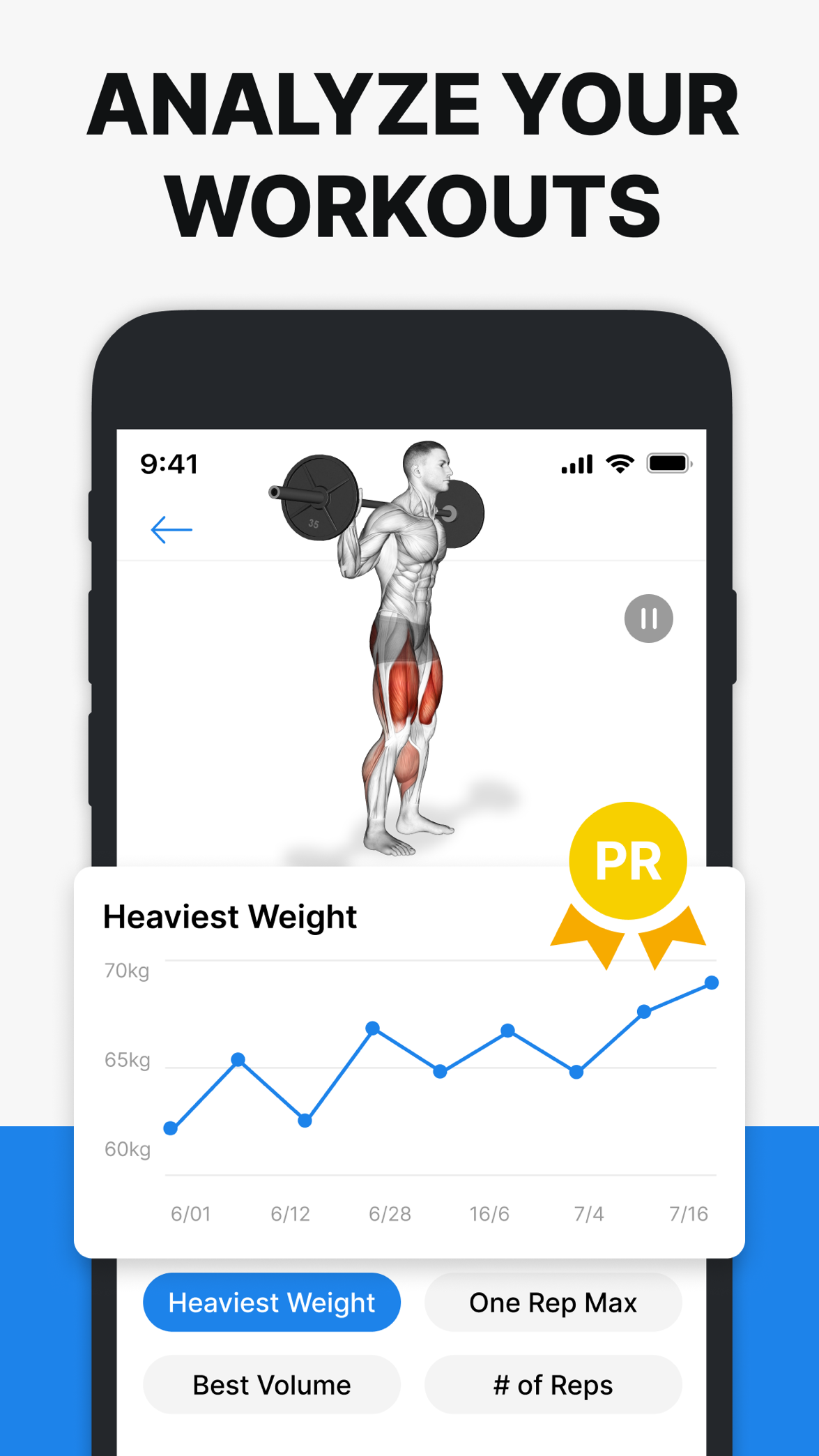 Official App Store screenshot of Hevy workout analysis with exercise chart and personal record badge