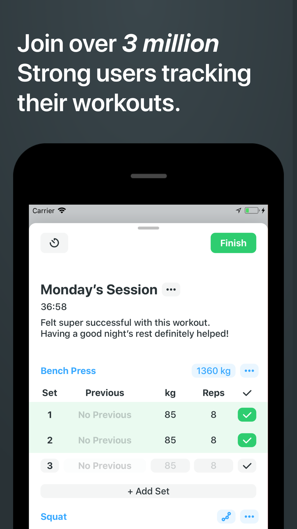 Official App Store screenshot of Strong showing a workout logging table for bench press sets