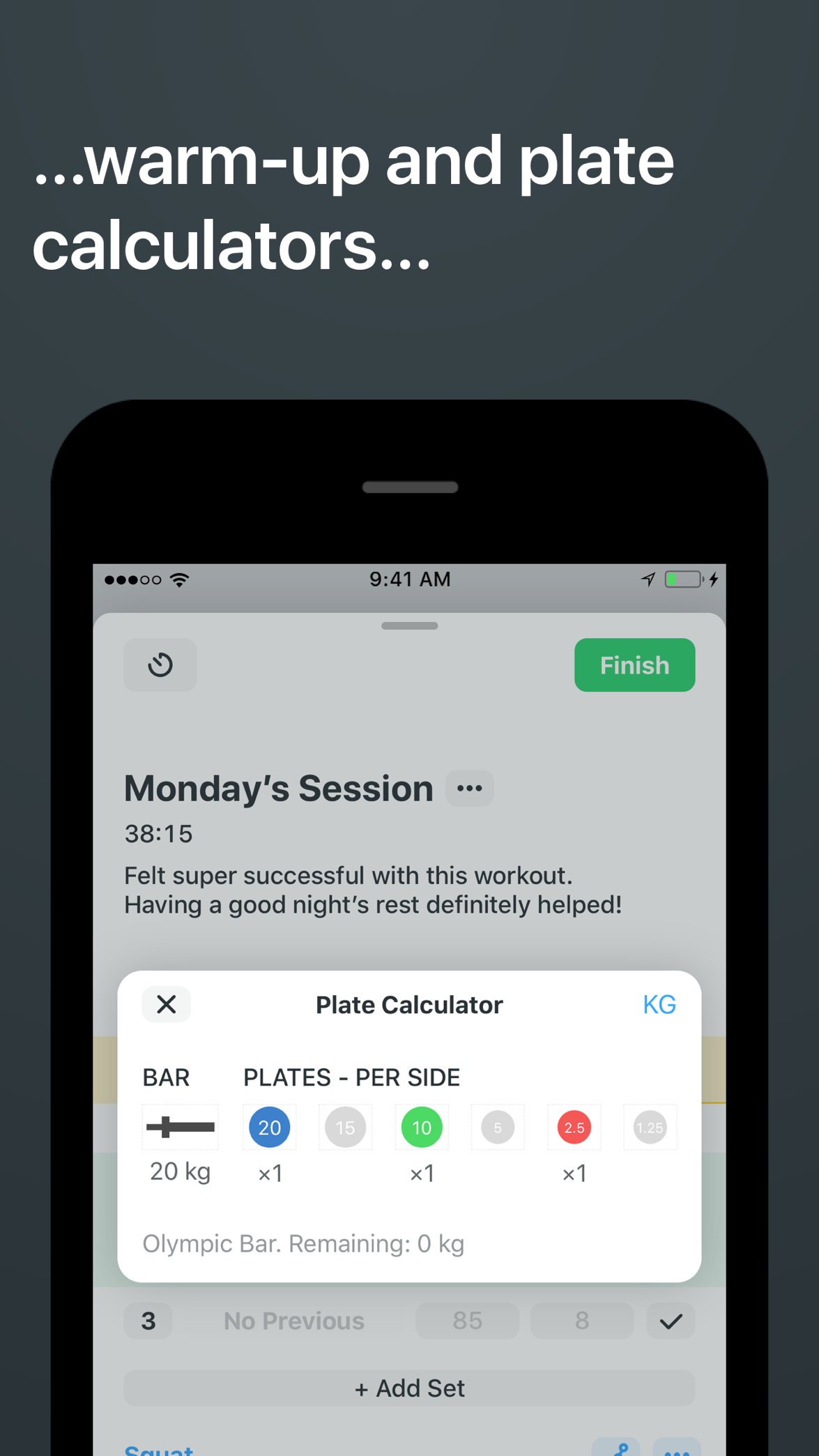 Official App Store screenshot of Strong showing a plate calculator inside a workout