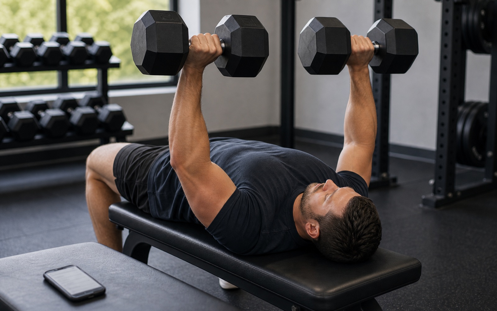 Lifter pressing a barbell on a flat bench during a push day